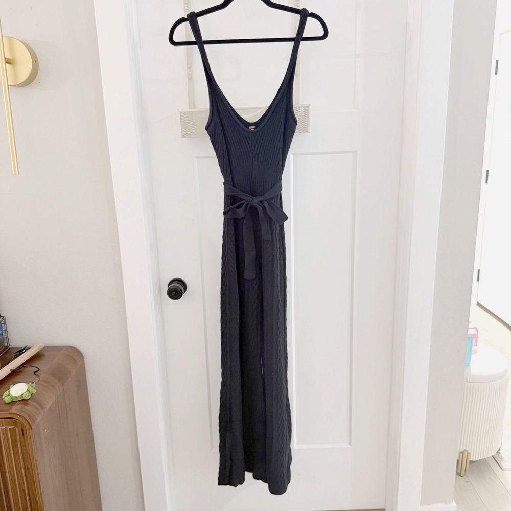Free People Montecito Cable One Piece Jumpsuit Black Knit Wide Leg Romper Size M